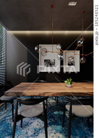 Modern dining room interior design contemporary, with natural tones on the room, walls, floor and ceiling. rendering illustration Modern dining room interior design contemporary, with natural tones on the room, walls, floor and ceiling. rendering illustration 105248521