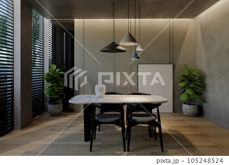 Modern dining room interior design contemporary, with natural tones on the room, walls, floor and ceiling. rendering illustration 105248524