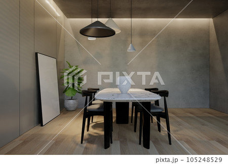 Modern dining room interior design contemporary, with natural tones on the room, walls, floor and ceiling. rendering illustration 105248529
