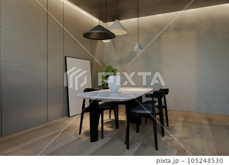 Modern dining room interior design contemporary, with natural tones on the room, walls, floor and ceiling. rendering illustration Modern dining room interior design contemporary, with natural tones on the room, walls, floor and ceiling. rendering illustration 105248530