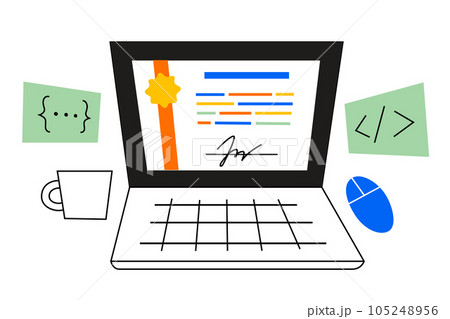 Online courses certificate on laptop screen, IT professions education, learn to code, taking classes in web developmentt, hand drawn composition with html symbols, distant classes vector illustration Online courses certificate on laptop screen, IT professions education, learn to code, taking classes in web developmentt, hand drawn composition with html symbols, distant classes vector illustration 105248956