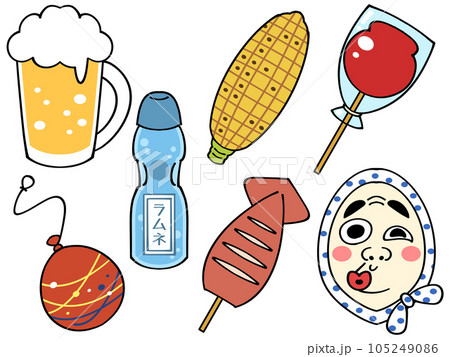 夏のかわいい手描き風の夏祭りイラストセット素材のイラスト素材