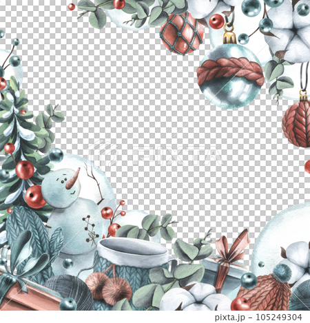 Winter, New Year, Christmas border with snowman, knitted things, cotton, Christmas balls, toys, gifts. Watercolor illustration hand drawn, template on a white background Winter, New Year, Christmas border with snowman, knitted things, cotton, Christmas balls, toys, gifts. Watercolor illustration hand drawn, template on a white background 105249304