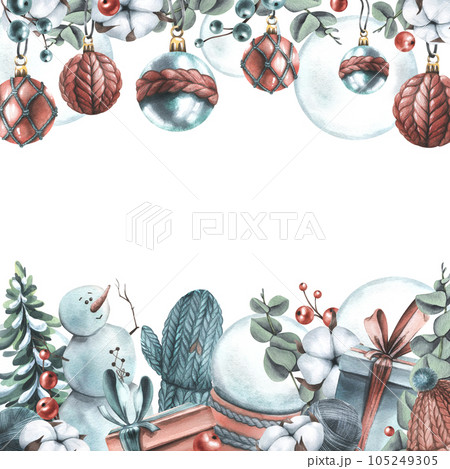 Winter, New Year, Christmas border with snowman, knitted things, cotton, Christmas balls, toys, gifts. Watercolor illustration hand drawn, template on a white background Winter, New Year, Christmas border with snowman, knitted things, cotton, Christmas balls, toys, gifts. Watercolor illustration hand drawn, template on a white background 105249305