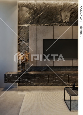 Modern living room interior design contemporary, with natural tones on the room, walls, floor and ceiling.rendering illustration 105249551