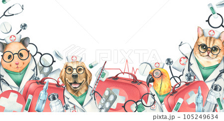 Dog, cat, hamster, parrot doctors in a dressing gown, glasses, with a stethoscope, a suitcase and medical instruments, injections. Watercolor illustration hand drawn. Template on white background Dog, cat, hamster, parrot doctors in a dressing gown, glasses, with a stethoscope, a suitcase and medical instruments, injections. Watercolor illustration hand drawn. Template on white background 105249634