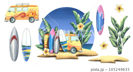 A tropical island with surfboards, palm trees against the sky and sea. Watercolor illustration hand drawn. Set of isolated elements stickers on a white background. A tropical island with surfboards, palm trees against the sky and sea. Watercolor illustration hand drawn. Set of isolated elements stickers on a white background. 105249635