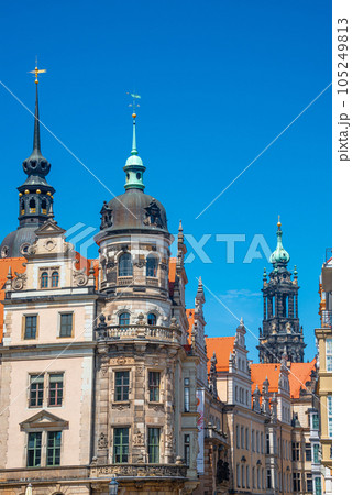 Historical downtown of Dresden in summer sunny day with blue sky, Germany, details, closeup. Historical downtown of Dresden in summer sunny day with blue sky, Germany, details, closeup. 105249813