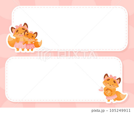 Empty Note Card with Happy Fox Family with Mother and Little Cub Vector Template 105249911