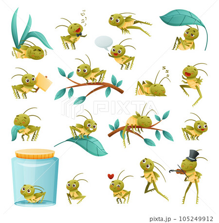 Cute Little Grasshopper Engaged in Various Activities Big Vector Set 105249912