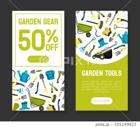 Garden Tools Banner Design with Handy Instrument Vector Template 105249921