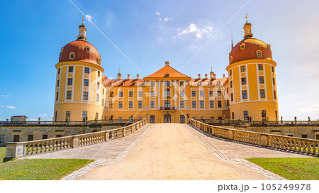 Moritzburg, Saxony, Germany, Famous ancient Moritzburg Castle, main entrance, near Dresden at sunny summer day with blue sky 105249978