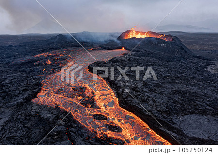 Aerial Panoramic view of Volcano Eruption, Litli Hrutur Hill, Fagradalsfjall Volcano System in Iceland. Reykjanes Peninsula. High Resolution Ultra Wide Image. 105250124