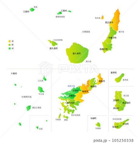 鹿児島県の離島と市町村地図 鹿児島県の離島と市町村地図 105250338