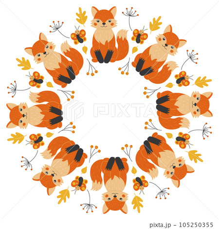 Vector round frame of cute foxes, butterflies, twigs and leaves in cartoon style. Forest animals and plants. Autumn in the forest. Space for text. 105250355