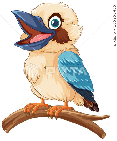 A smiling kookaburra bird standing on a tree branch, isolated on a white background 105250435