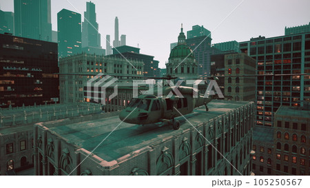 black war chopper in the city 105250567