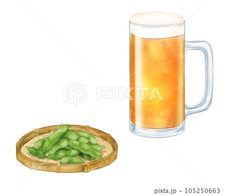 水彩のビールジョッキとザルに乗った枝豆(影なし) 水彩のビールジョッキとザルに乗った枝豆(影なし) 105250663