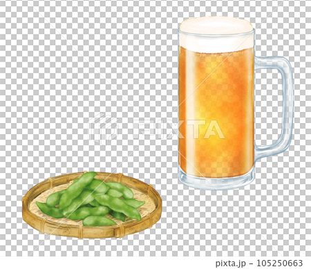 水彩のビールジョッキとザルに乗った枝豆(影なし) 水彩のビールジョッキとザルに乗った枝豆(影なし) 105250663