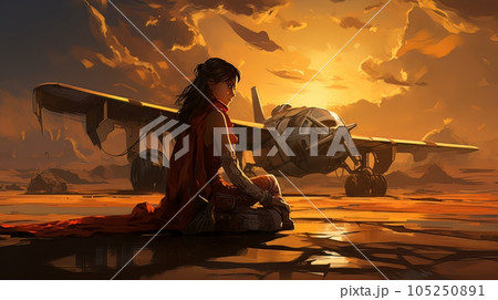 Brunette girl sits against the backdrop of abandoned faulty American F-35 aircraft AI Brunette girl sits against the backdrop of abandoned faulty American F-35 aircraft AI 105250891