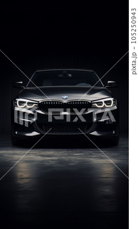 Fashionable passenger black car on a black background AI Fashionable passenger black car on a black background AI 105250943