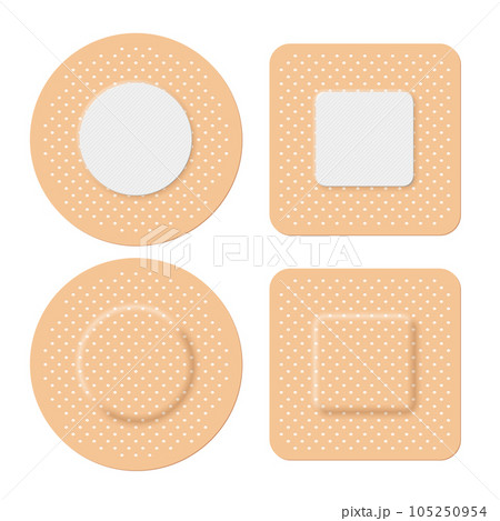 Adhesive bandage set of square and round shapes vector illustration. 3d realistic elastic band aid, back and front view of beige plaster for emergency medical care and wound on skin isolated on white 105250954