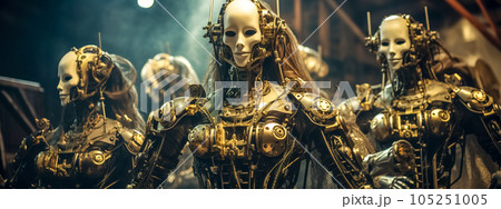 futuristic robot actor in mask on a stage in a theater, banner made with Generative AI futuristic robot actor in mask on a stage in a theater, banner made with Generative AI 105251005