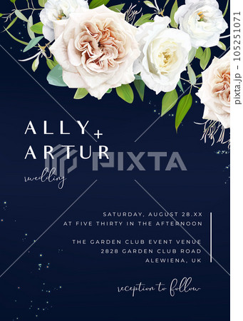 Navy floral wedding invite card. Vector elegant watercolor powder, beige, white garden rose flowers, greenery eucalyptus leaves bouquet, shiny golden glitter stars illustration on dark blue background 105251071