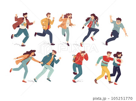 Frightened people run. Scared person runaway from danger terrorism, afraid couple or shock crowd panic running, screaming man escape Frightened people run. Scared person runaway from danger terrorism, afraid couple or shock crowd panic running, screaming man escape 105251770