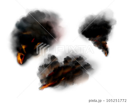 Realistic black smoke. Co2 exhaust or dark clouds with fire of war explosion horror, burning smooth effect heat campfire burn natural fog smog in sky, 3d exact vector illustration Realistic black smoke. Co2 exhaust or dark clouds with fire of war explosion horror, burning smooth effect heat campfire burn natural fog smog in sky, 3d exact vector illustration 105251772