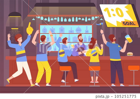 Watching match in bar. People watch football on tv sport restaurant, company friend celebrating soccer goal pub counter alcohol drink friendly fan game splendid vector illustration 105251775