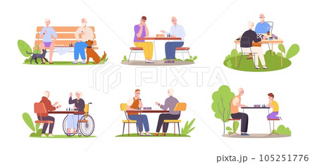 Elderly people playing chess. Relaxed pensioners play in intellectual chessboard game with friend elder player or child boy, seniors retirement hobby, splendid vector illustration 105251776