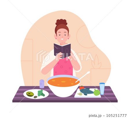 Woman recipe book. Girl reading cookbook with recipes and cooking dinner vegetable ingredients food on home kitchen table, lady women culinary hobby, splendid vector illustration 105251777