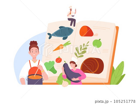 People with recipe book. Chef cooking lunch or dinner healthy food meal organic nutrition from fresh ingredients, culinary learning kitchen cookbook, splendid vector illustration 105251778