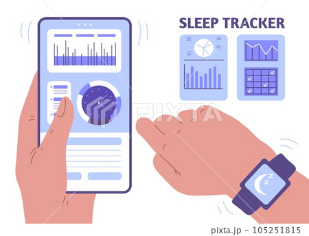 Hands with smartwatch holding mobile phone flat style, vector illustration 105251815