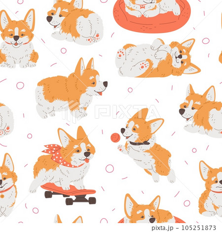 Seamless vector pattern with cartoon cute Corgi dog in various poses, enjoy ride on pink skateboard, caressing, playing Seamless vector pattern with cartoon cute Corgi dog in various poses, enjoy ride on pink skateboard, caressing, playing 105251873