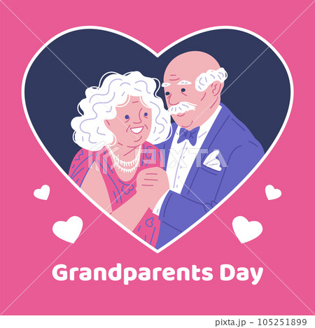 Cartoon grandmother in elegant dress, grandfather in suit with bow tie, Grandparents day vector doodle poster with heart Cartoon grandmother in elegant dress, grandfather in suit with bow tie, Grandparents day vector doodle poster with heart 105251899