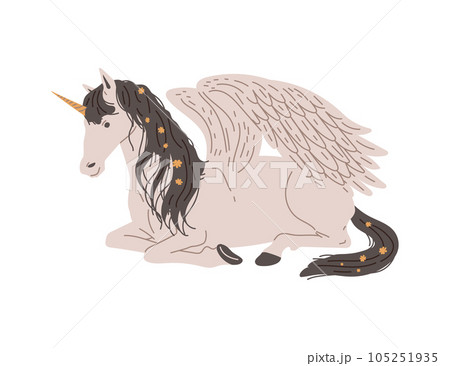 Vector isolated illustration of white horse with wings, mythological creature Pegasus, hand drawn fantastic horse Vector isolated illustration of white horse with wings, mythological creature Pegasus, hand drawn fantastic horse 105251935