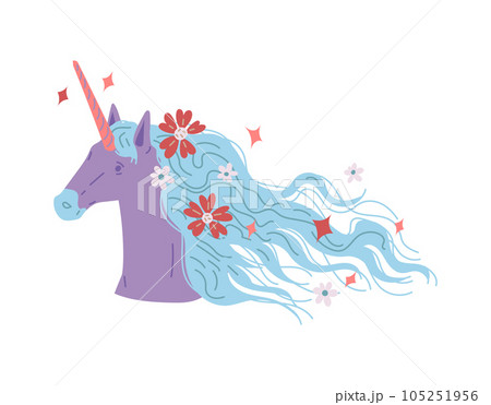 Cute fairy tale unicorn with flowers in blue fluttering mane flat style Cute fairy tale unicorn with flowers in blue fluttering mane flat style 105251956