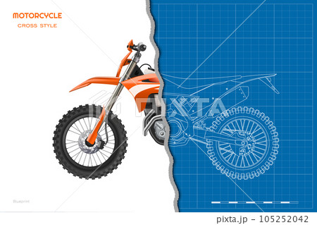 Isolated cross motorcycle drawing. 3D orange motorbike. Front, side, top view of motocross cycle. Extreme outline industrial draw. Motorsport vehicle blueprint Isolated cross motorcycle drawing. 3D orange motorbike. Front, side, top view of motocross cycle. Extreme outline industrial draw. Motorsport vehicle blueprint 105252042