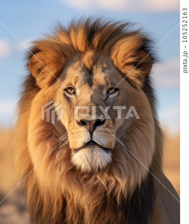Majestic lion walking in savanna, sunset light, candid shot, vertical composition 105252163