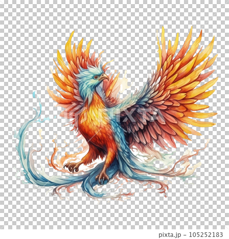 Colorful Mature Mythical Phoenix Pheasant Bird Clip art, Watercolor Painting Style. 105252183