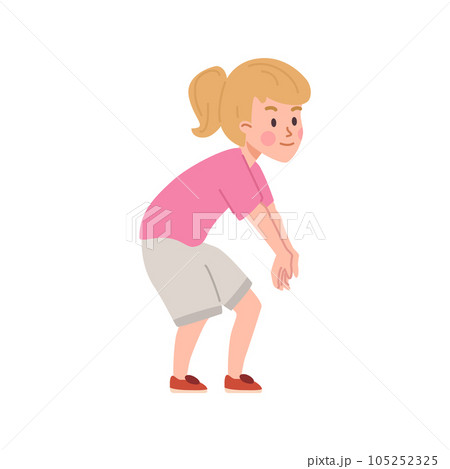 Cartoon blond girl volleyball player in sportswear stretched out arms to hit the ball, sport game vector illustration Cartoon blond girl volleyball player in sportswear stretched out arms to hit the ball, sport game vector illustration 105252325