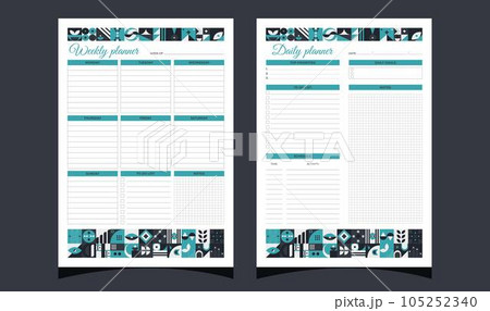 Planners set geometry. Weekly and daily planners. Planners printable template with geometric shapes. Blank white notebook page A4. Vector illustration. Planners set geometry. Weekly and daily planners. Planners printable template with geometric shapes. Blank white notebook page A4. Vector illustration. 105252340
