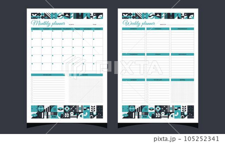 Planners set geometry. Weekly and monthly planners. Planners printable template with geometric shapes. Blank white notebook page A4. Vector illustration. Planners set geometry. Weekly and monthly planners. Planners printable template with geometric shapes. Blank white notebook page A4. Vector illustration. 105252341