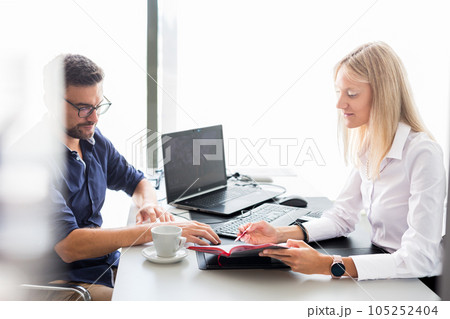 Business meeting. Client consulting. Confident business woman, real estate agent, financial advisor explaining details of project or financial product to client in office Business meeting. Client consulting. Confident business woman, real estate agent, financial advisor explaining details of project or financial product to client in office 105252404