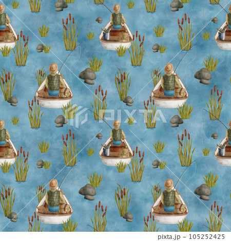 Watercolor fisherman in boat seamless pattern. Hand drawn fisher with fishing rod in wooden rowing boat, reed plants on blue water background. Angling hobby, camping scene. Summer outdoor recreation 105252425
