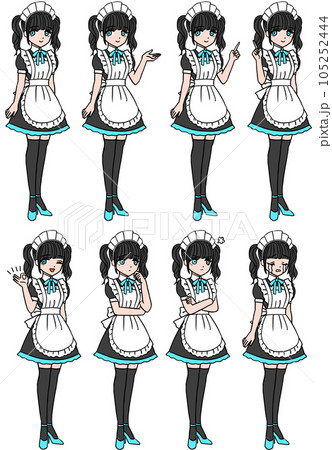 8種類の表情のブルーの胸のリボンをつけた黒髪メイド 8種類の表情のブルーの胸のリボンをつけた黒髪メイド 105252444