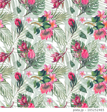 Watercolor seamless pattern with monstera and palm tropical leaves and protea flowers. Jungle design illustration for fabrics, covers, prints. hand drawn botanical illustration Watercolor seamless pattern with monstera and palm tropical leaves and protea flowers. Jungle design illustration for fabrics, covers, prints. hand drawn botanical illustration 105252465