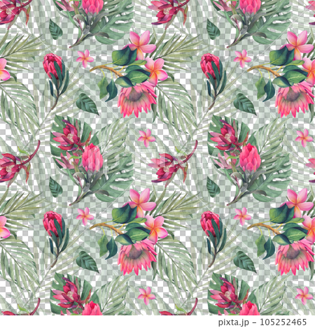 Watercolor seamless pattern with monstera and palm tropical leaves and protea flowers. Jungle design illustration for fabrics, covers, prints. hand drawn botanical illustration Watercolor seamless pattern with monstera and palm tropical leaves and protea flowers. Jungle design illustration for fabrics, covers, prints. hand drawn botanical illustration 105252465